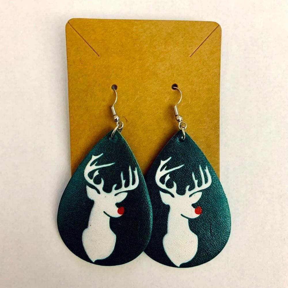 Women’s Faux Leather Teardrop Dangle Various Christmas Pattern Earrings